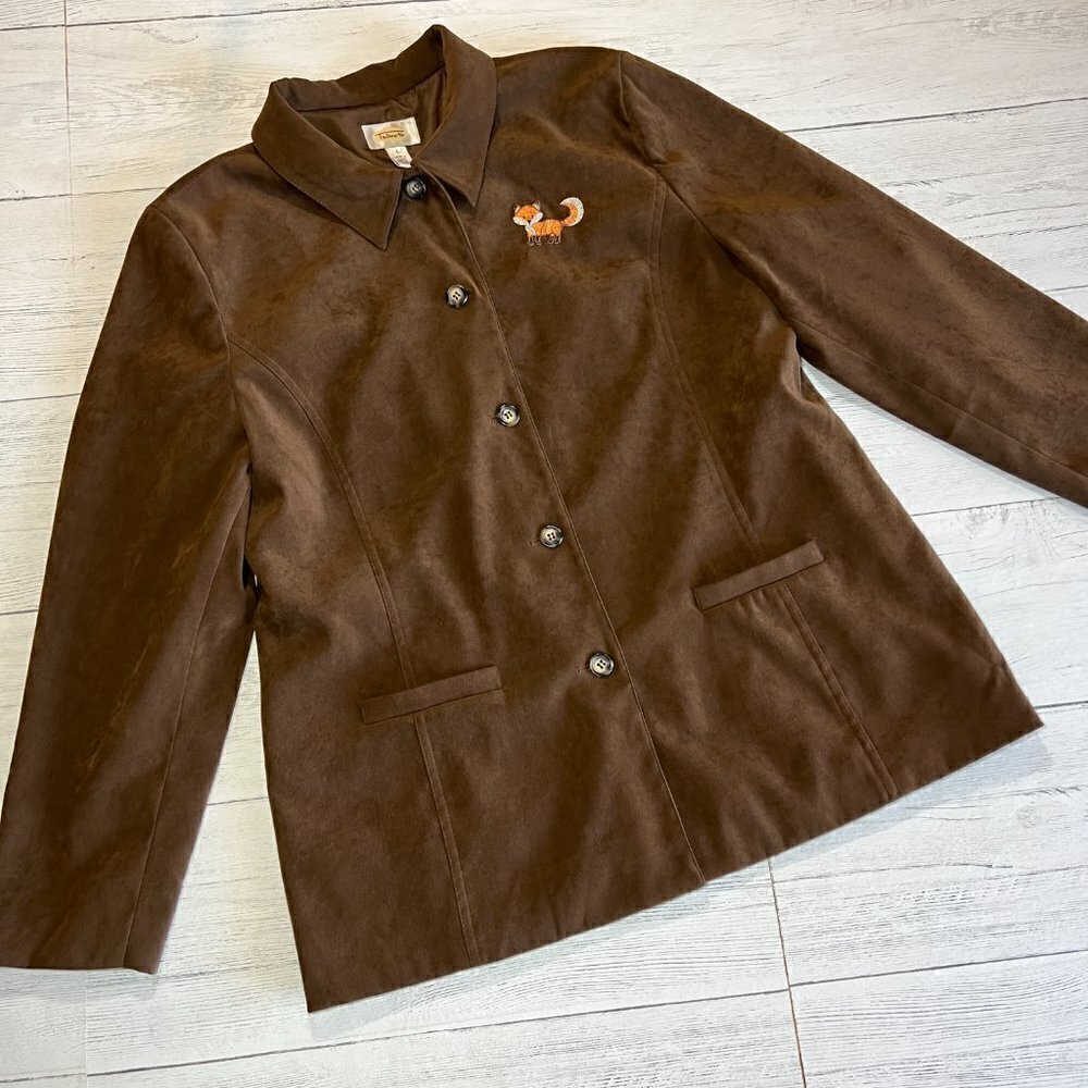 Talbots Blazer Jacket Womens Size Large Brown Suede Adorable Fox Patch Fall Wear - Picture 13 of 16